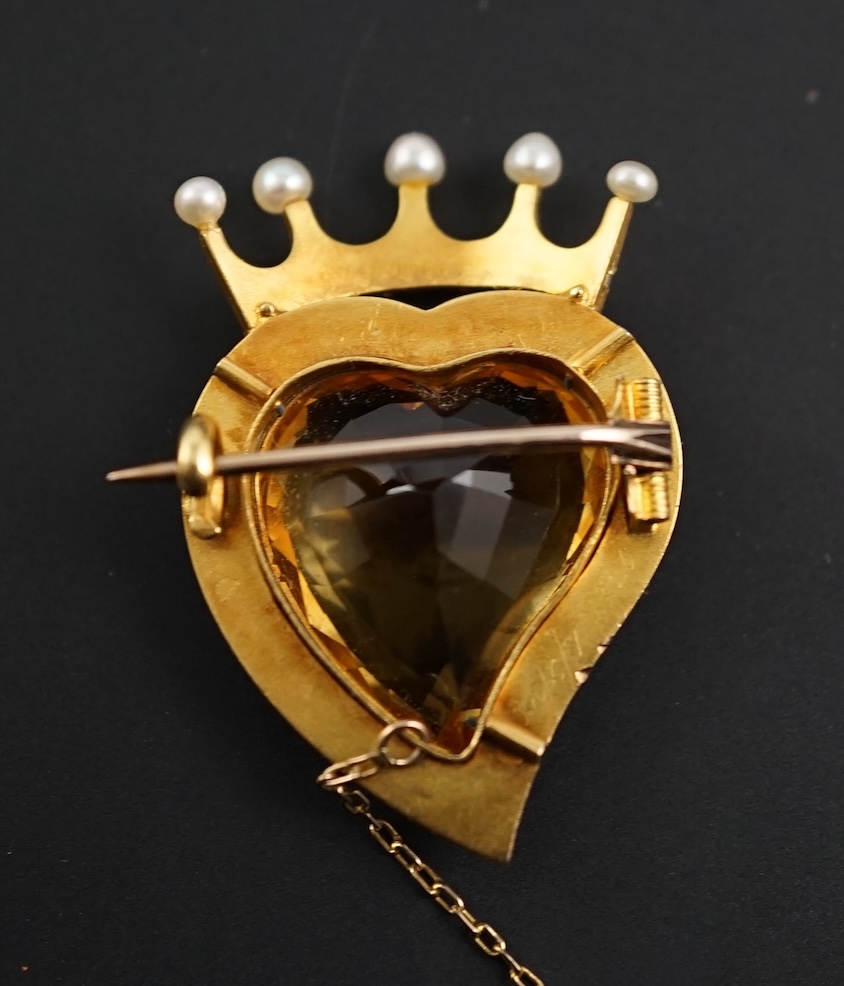 A Victorian gold, single stone heart shaped citrine and seed pearl cluster set coronet brooch